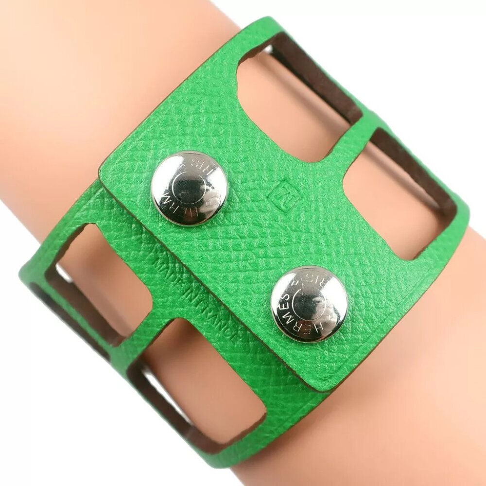 HERMES Bangle Bracelet petit ache ecaille Green/SilverHardware Togo 11g Women - Picture 3 of 6